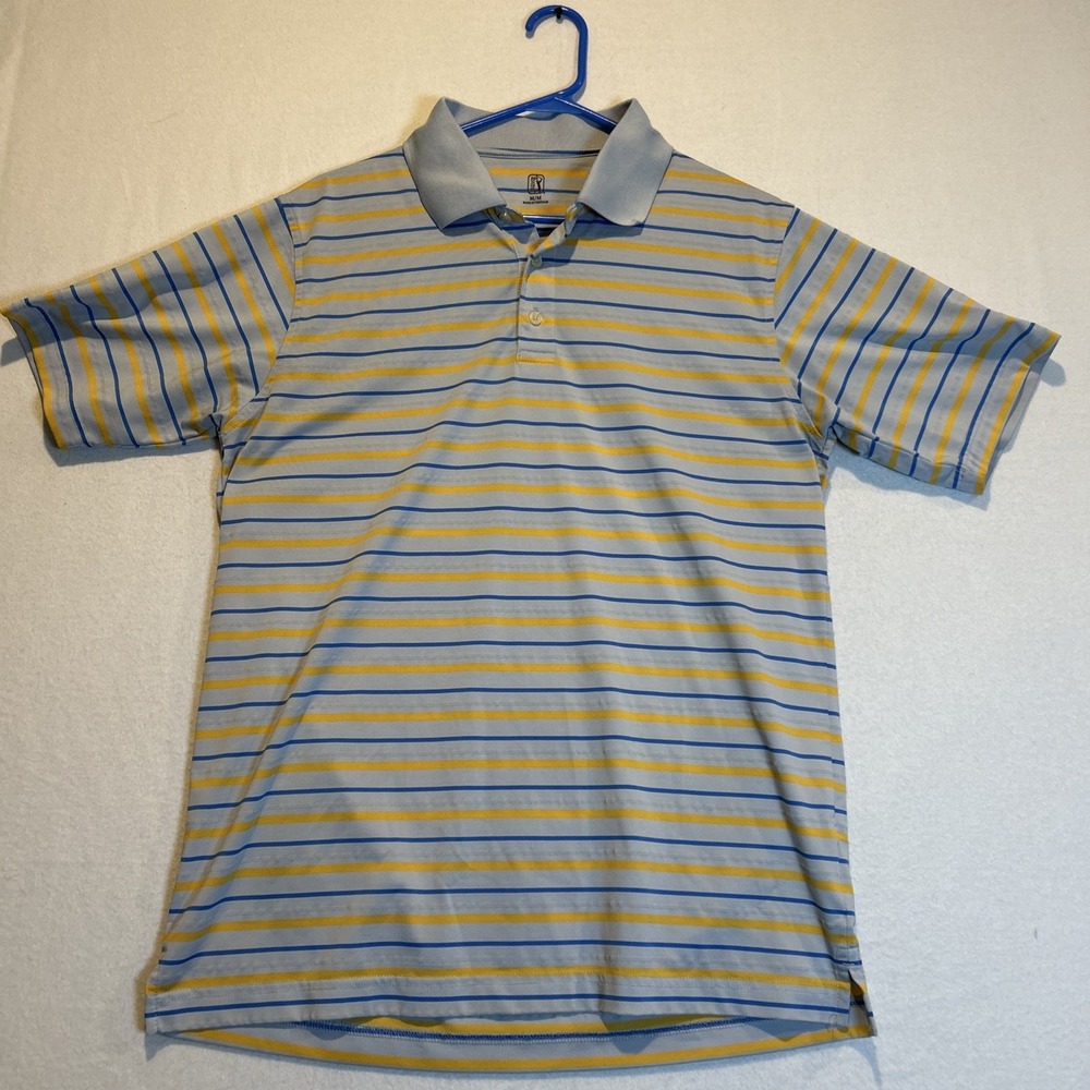 PGA Tour Golf Polo Shirt Short Sleeve Mens Medium Gray Blue Yellow Stripes